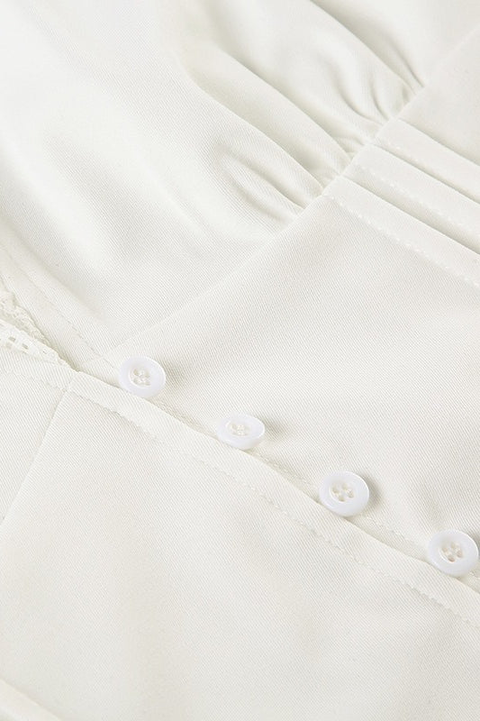 Lace Paneled V Neck Puff Short Sleeve Blouse - Image 7