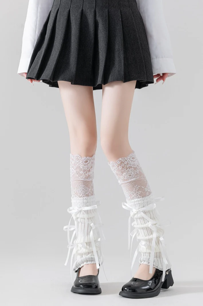 Lace Patchwork Bow Slouchy Leg Warmers - Image 4