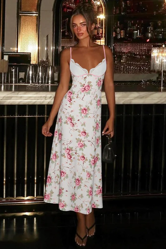 Lace Patchwork Printed V Neck Bodycon Floral Dress - Image 3