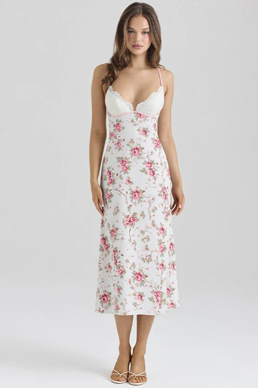 Lace Patchwork Printed V Neck Bodycon Floral Dress - Image 6