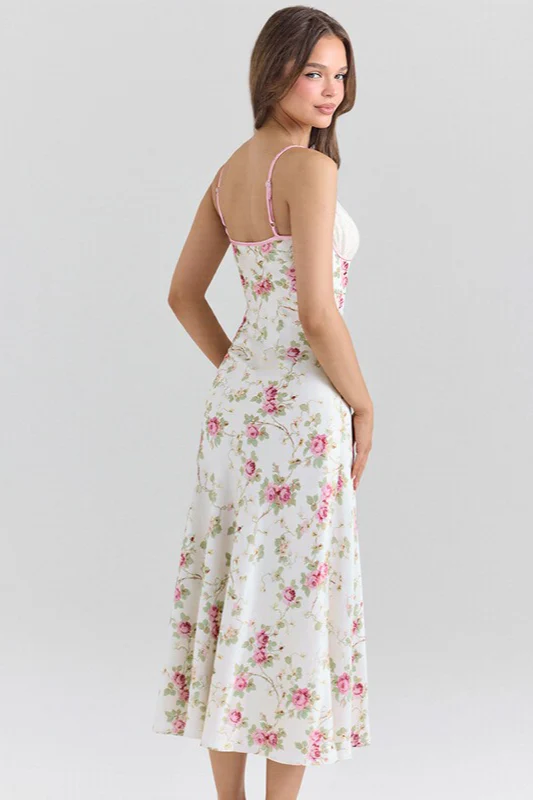 Lace Patchwork Printed V Neck Bodycon Floral Dress - Image 7