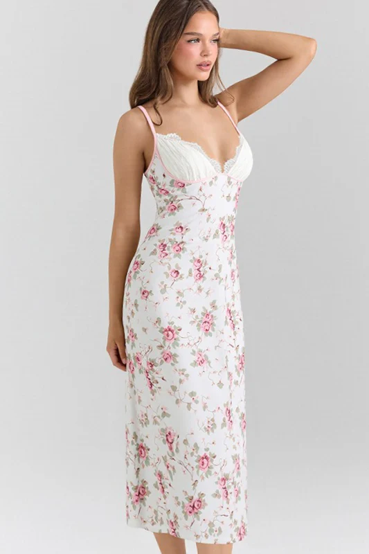 Lace Patchwork Printed V Neck Bodycon Floral Dress - Image 8