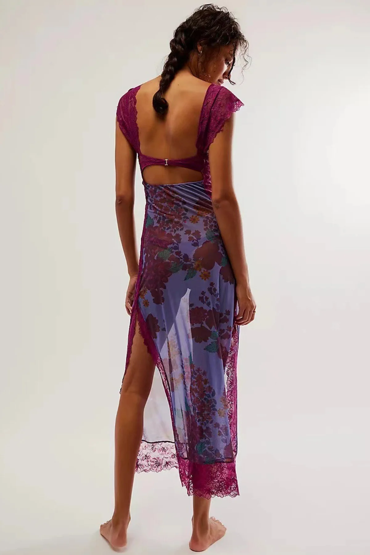 Lace Patchwork Strap Backless Slit Maxi Floral Dress - Image 6