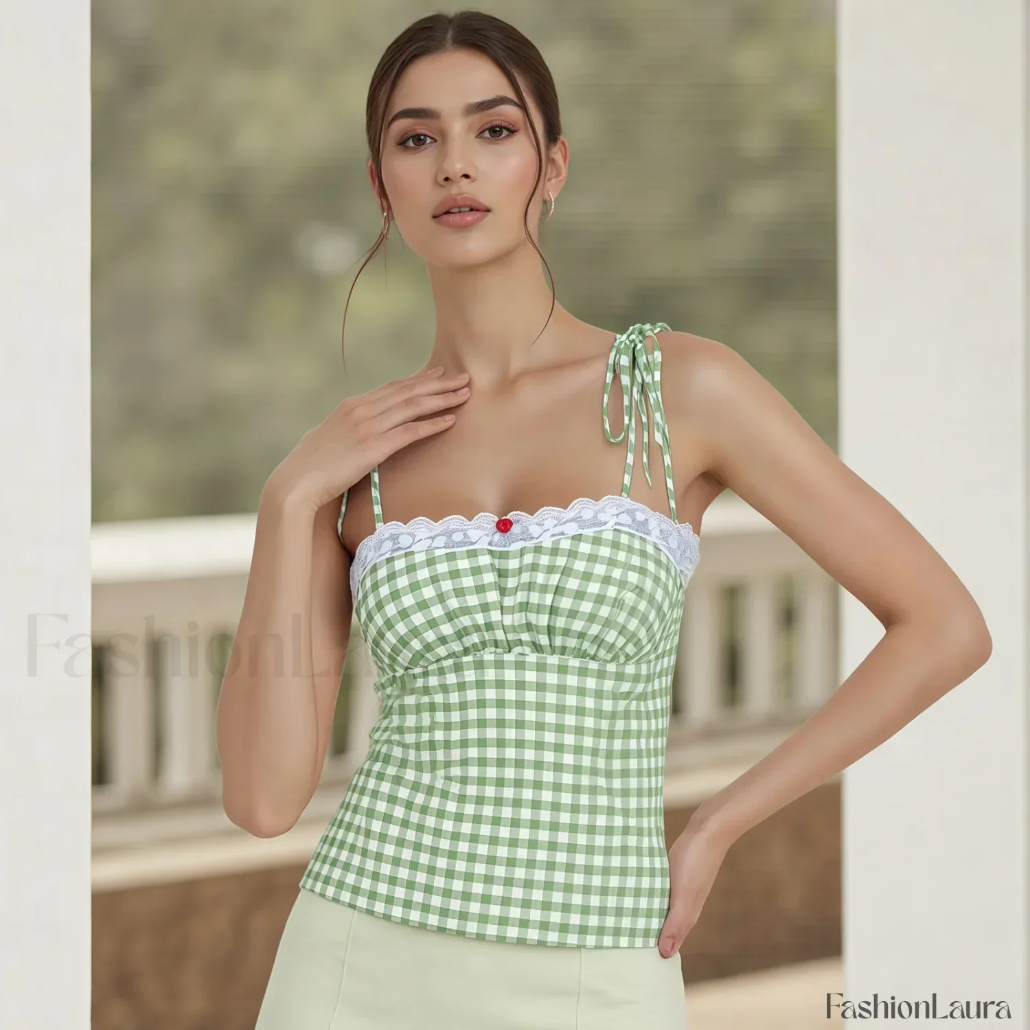 Lace Plaid Fitted Crop Top - Image 12