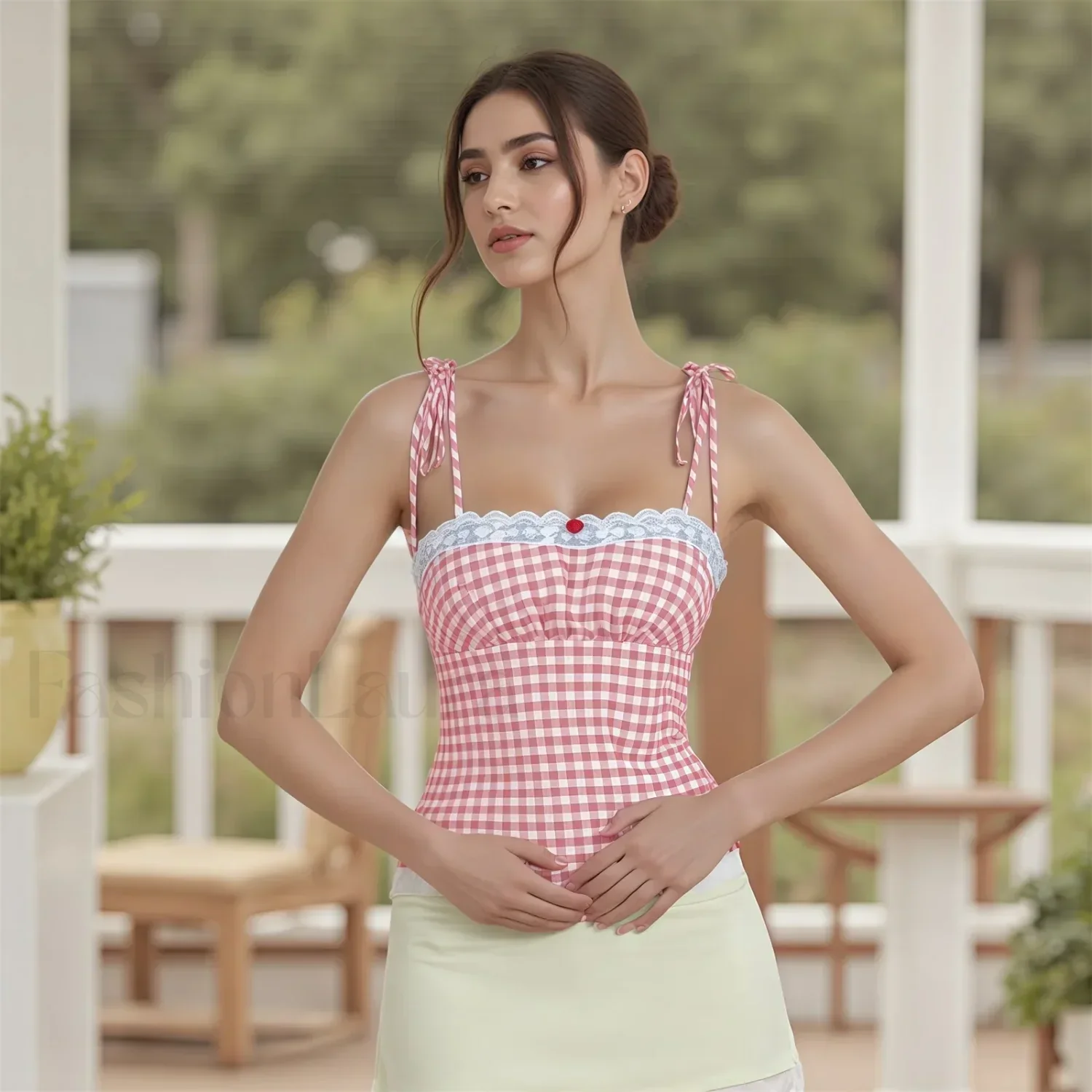 Lace Plaid Fitted Crop Top - Image 6