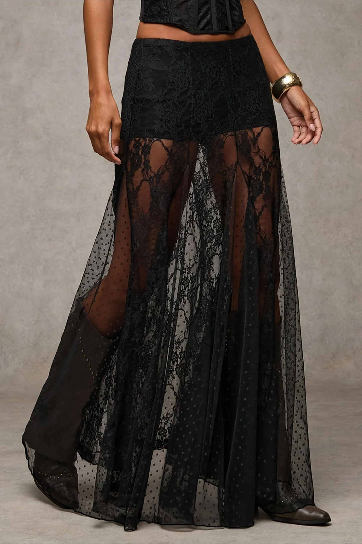 Lace Print Sheer Low Waist Maxi Boho Skirt - Image 4