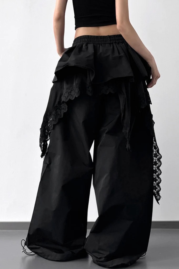 Lace Skirt Hem Trim Wide Leg Casual Pants - Image 6
