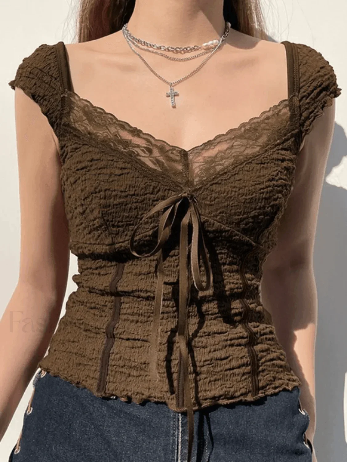 Lace Trim Crinkle Cropped Blouse - Image 10