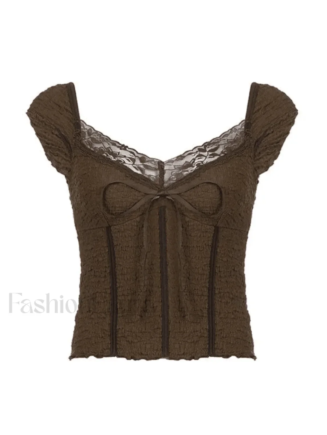 Lace Trim Crinkle Cropped Blouse - Image 3