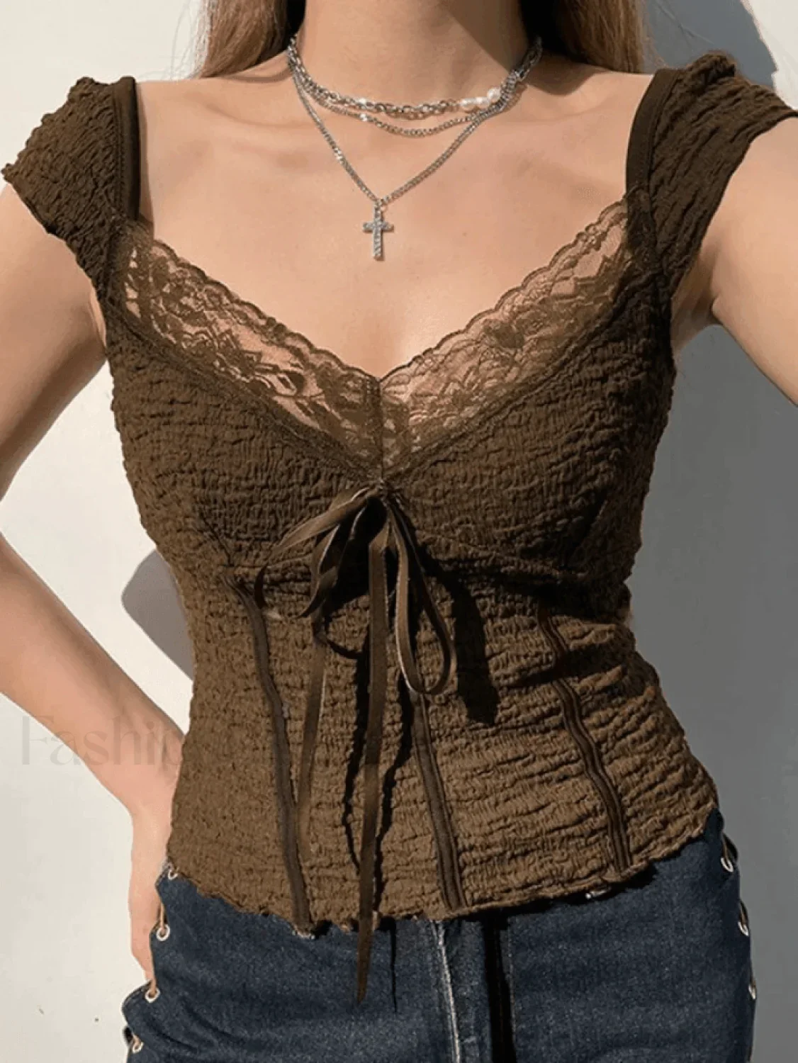 Lace Trim Crinkle Cropped Blouse - Image 9