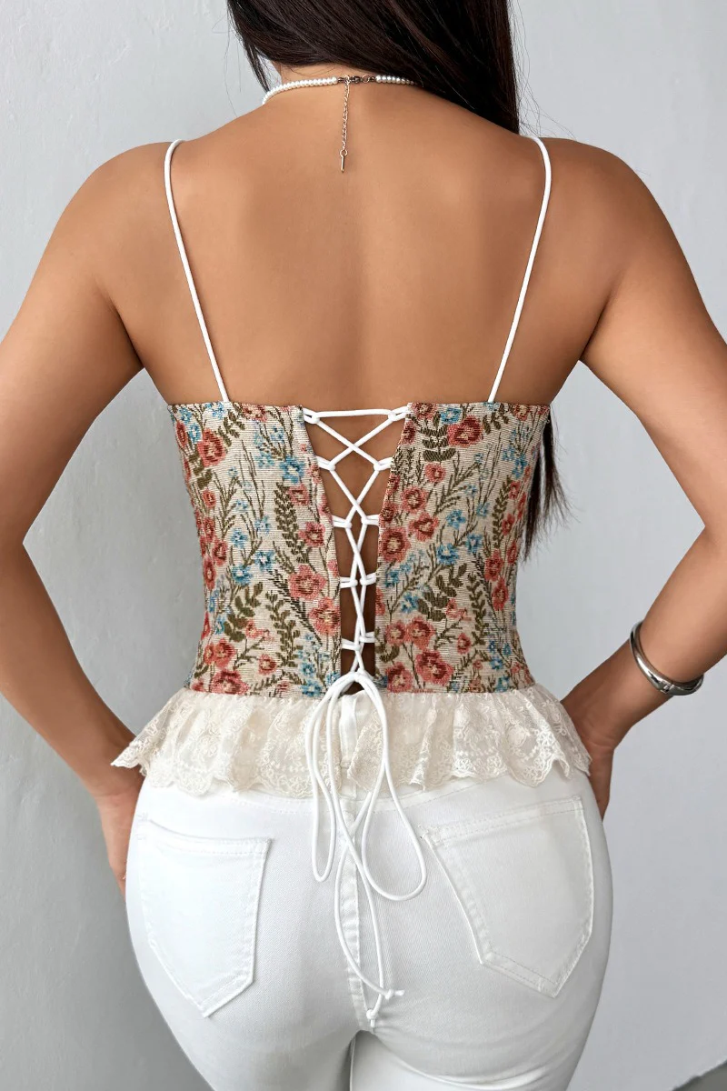 Lace Trim Patchwork Boned Corset Tank Top - Image 6