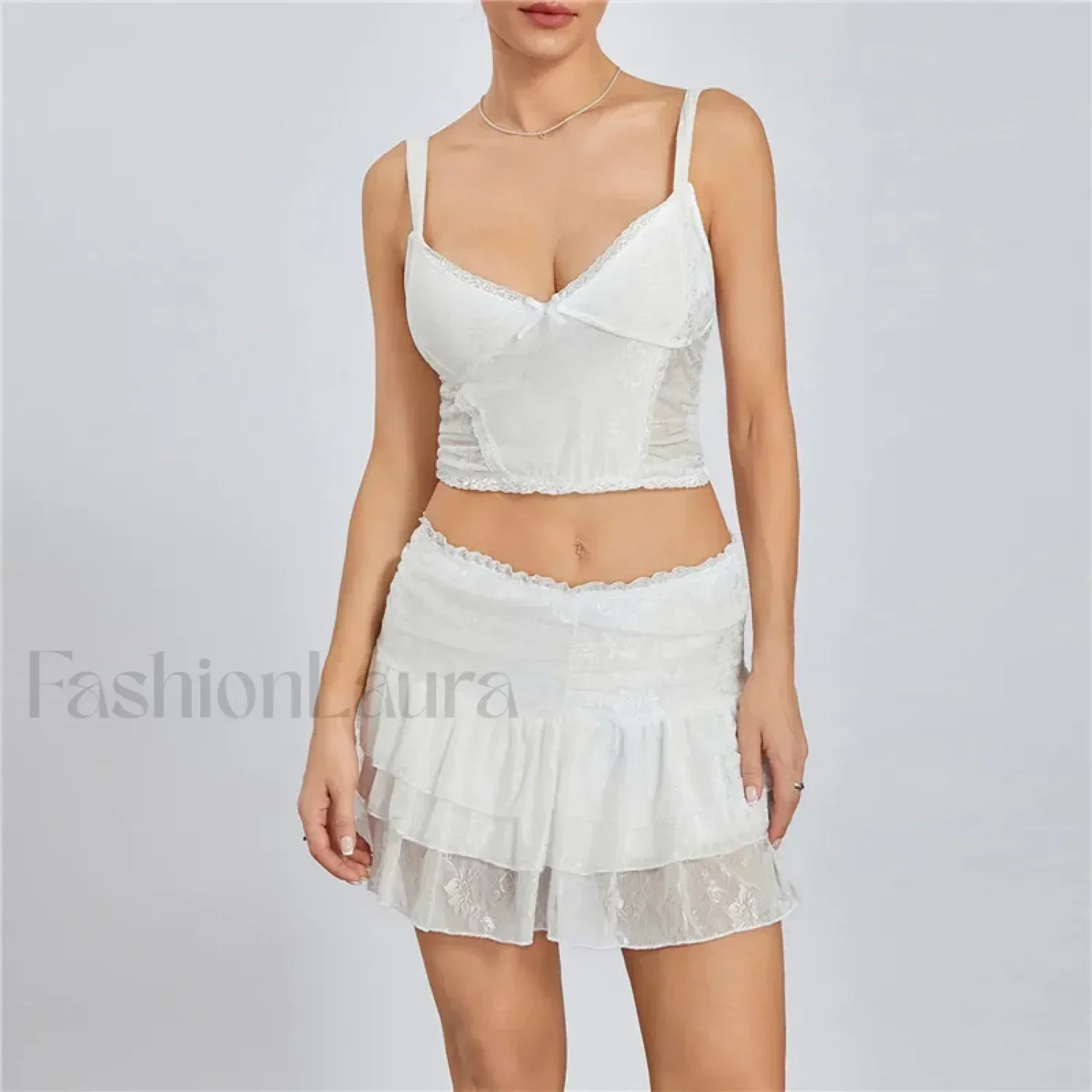Lace Trim Sleeveless Crop Cami Mini Skirt Two Piece Set - Image 2