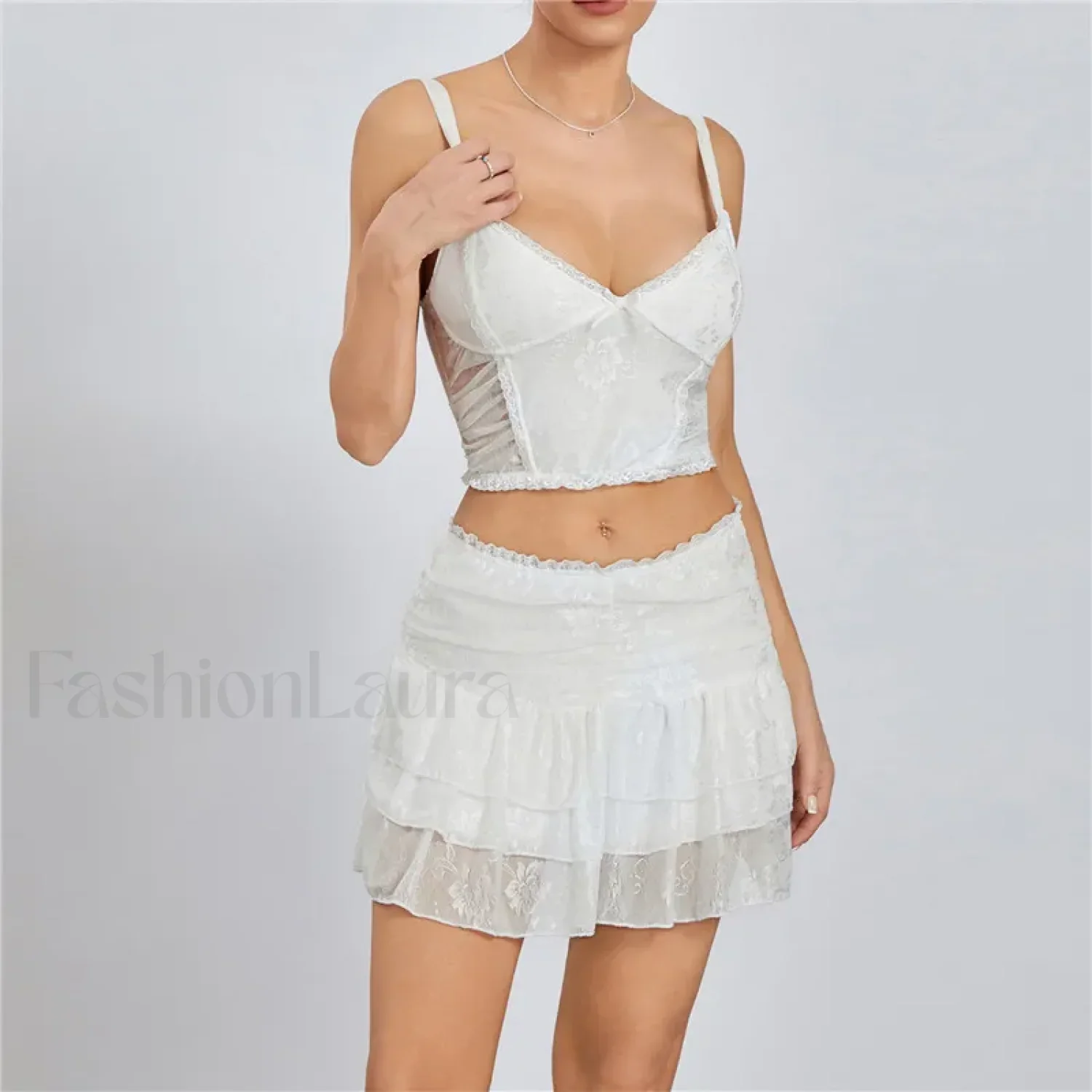 Lace Trim Sleeveless Crop Cami Mini Skirt Two Piece Set - Image 7