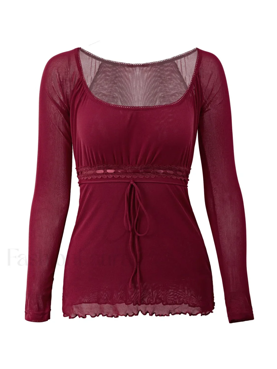 Lace Trim Tie Front Long Sleeve Blouse - Image 20
