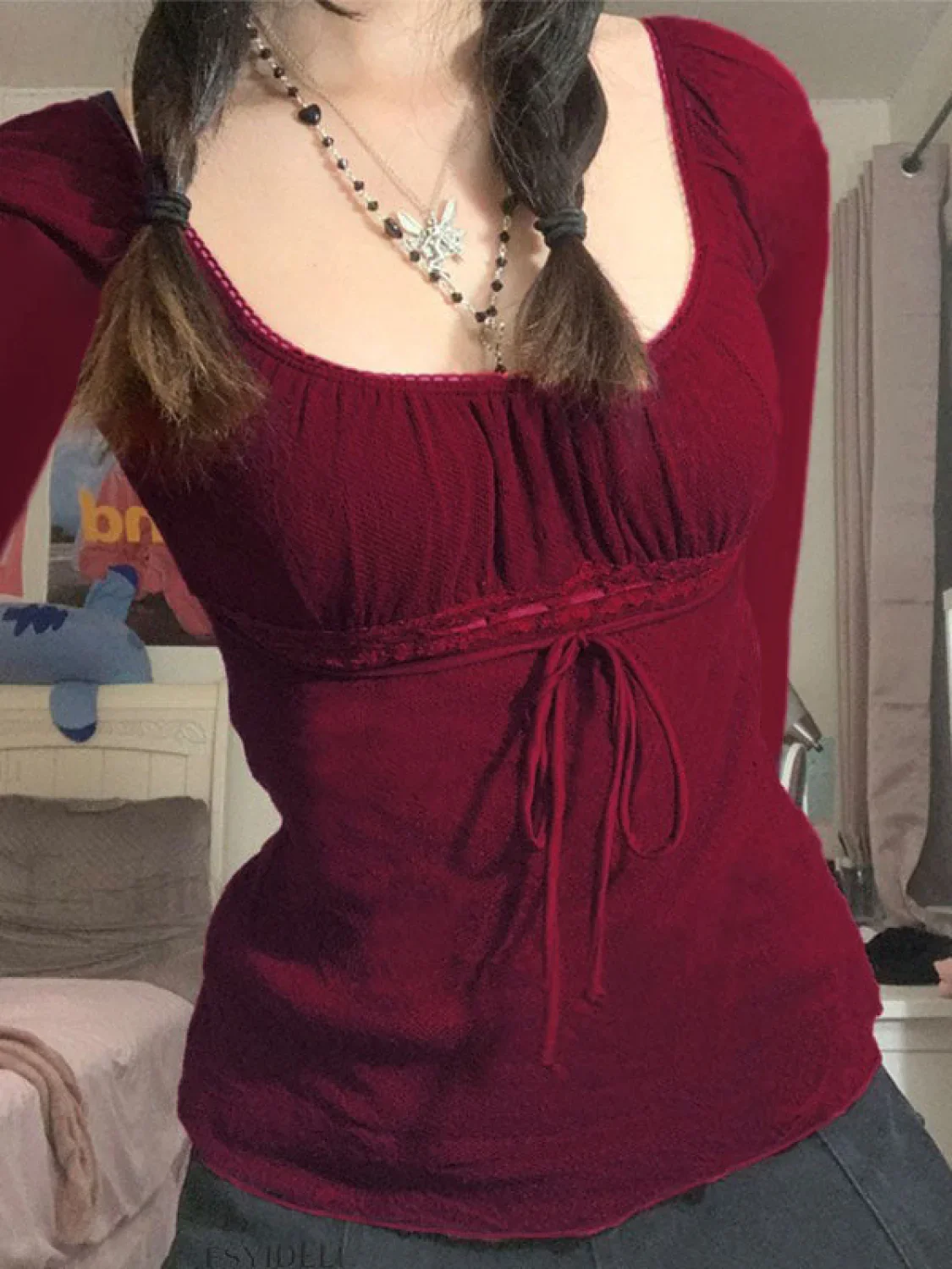 Lace Trim Tie Front Long Sleeve Blouse - Image 21