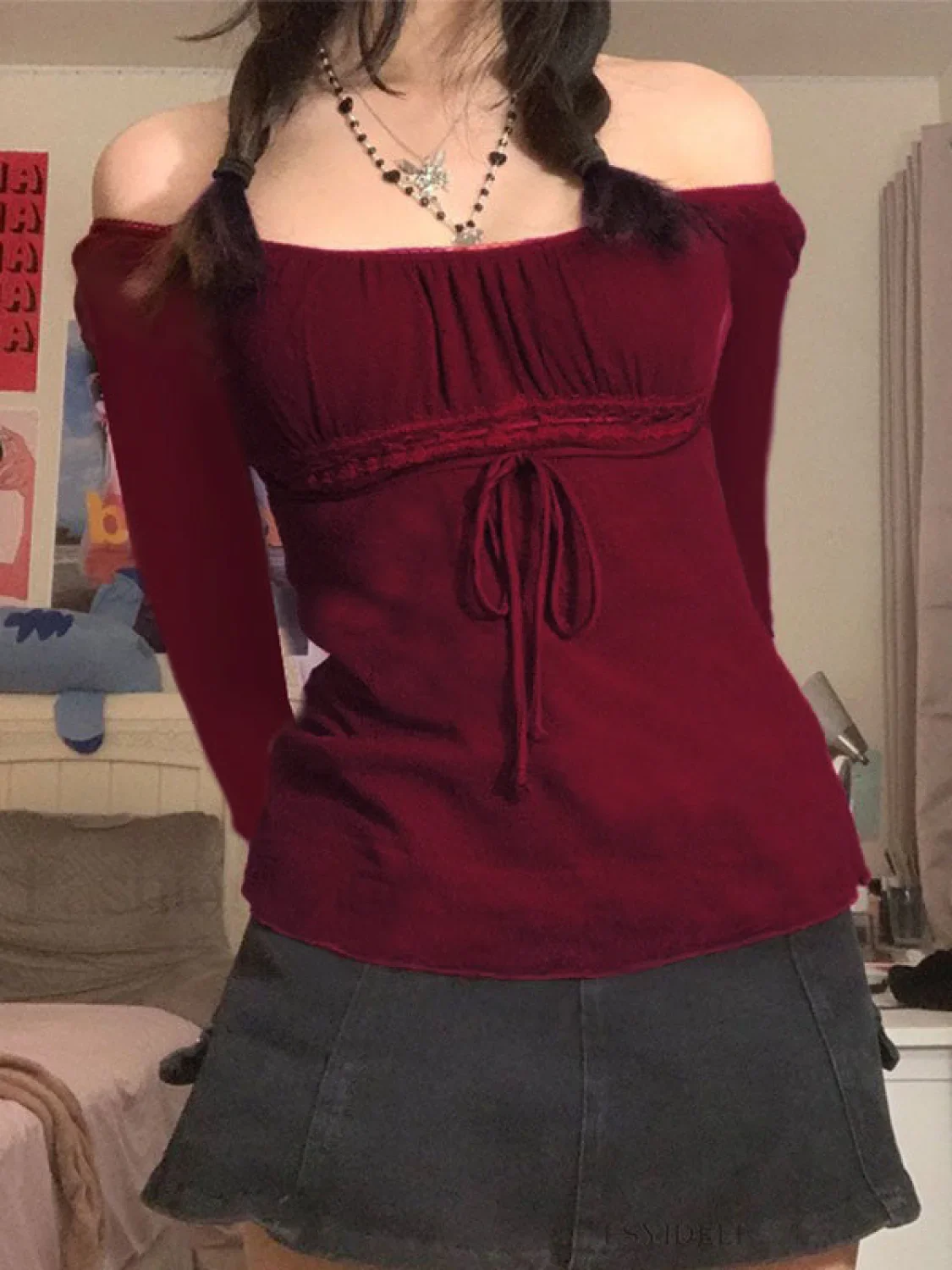 Lace Trim Tie Front Long Sleeve Blouse - Image 22