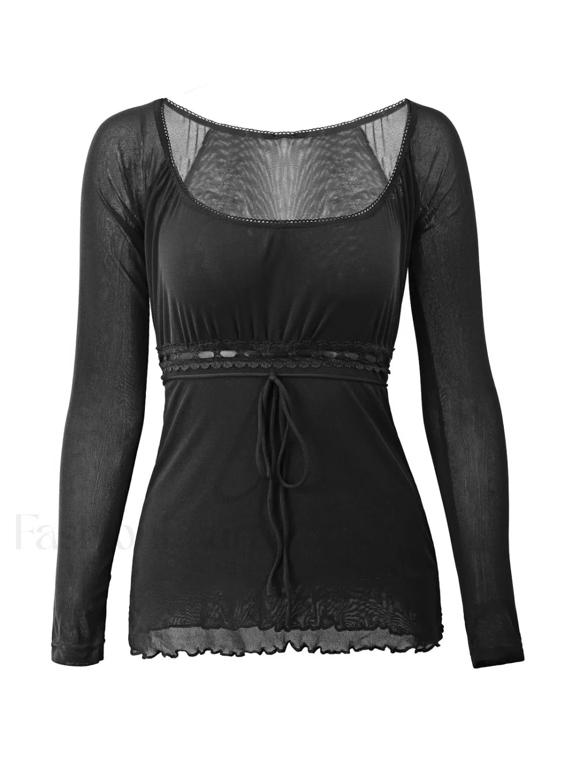Lace Trim Tie Front Long Sleeve Blouse - Image 25