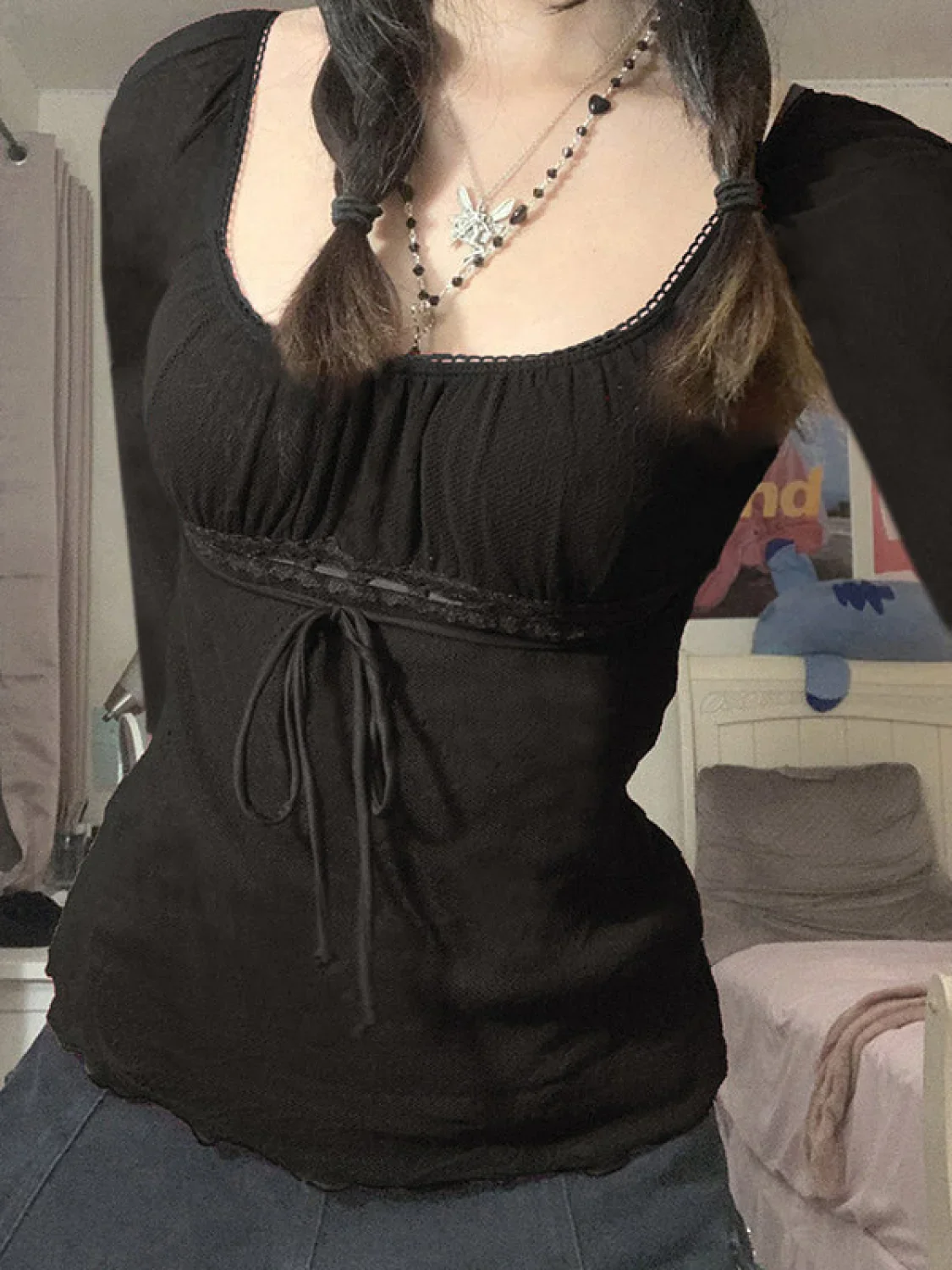 Lace Trim Tie Front Long Sleeve Blouse - Image 26