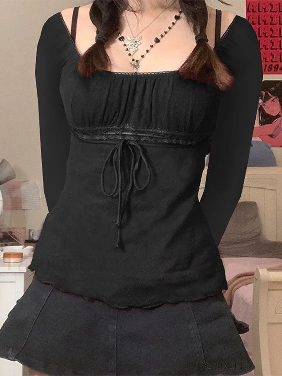Lace Trim Tie Front Long Sleeve Blouse - Image 28
