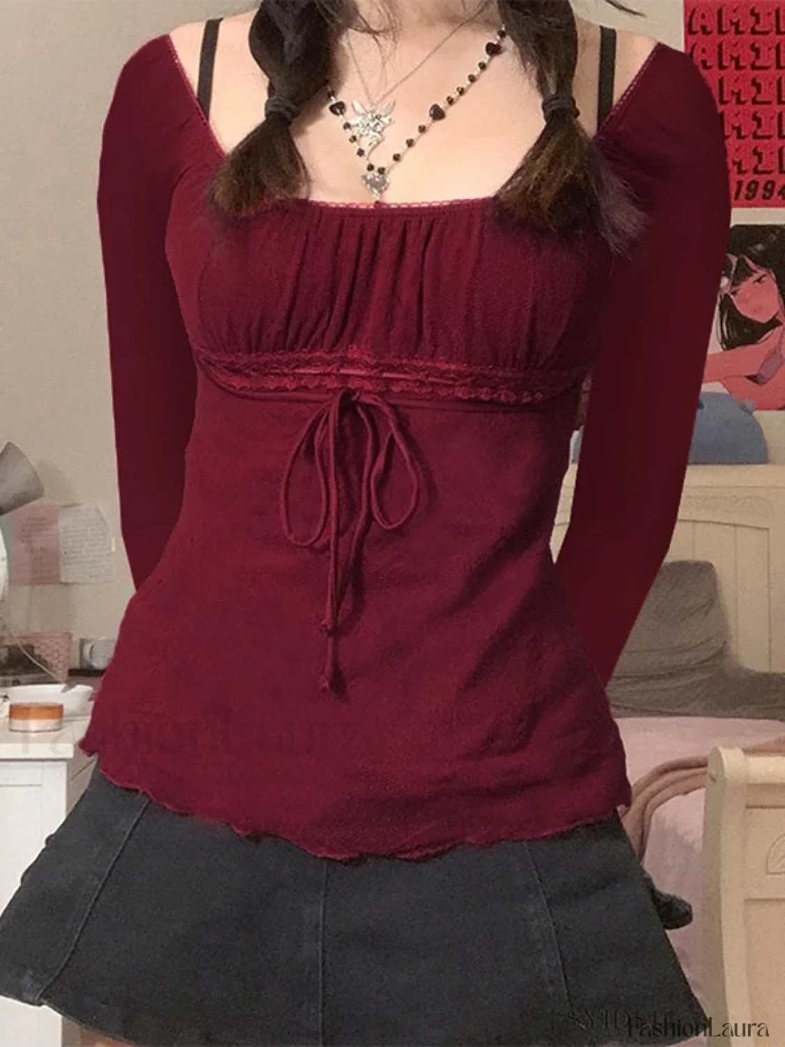Lace Trim Tie Front Long Sleeve Blouse - Image 29