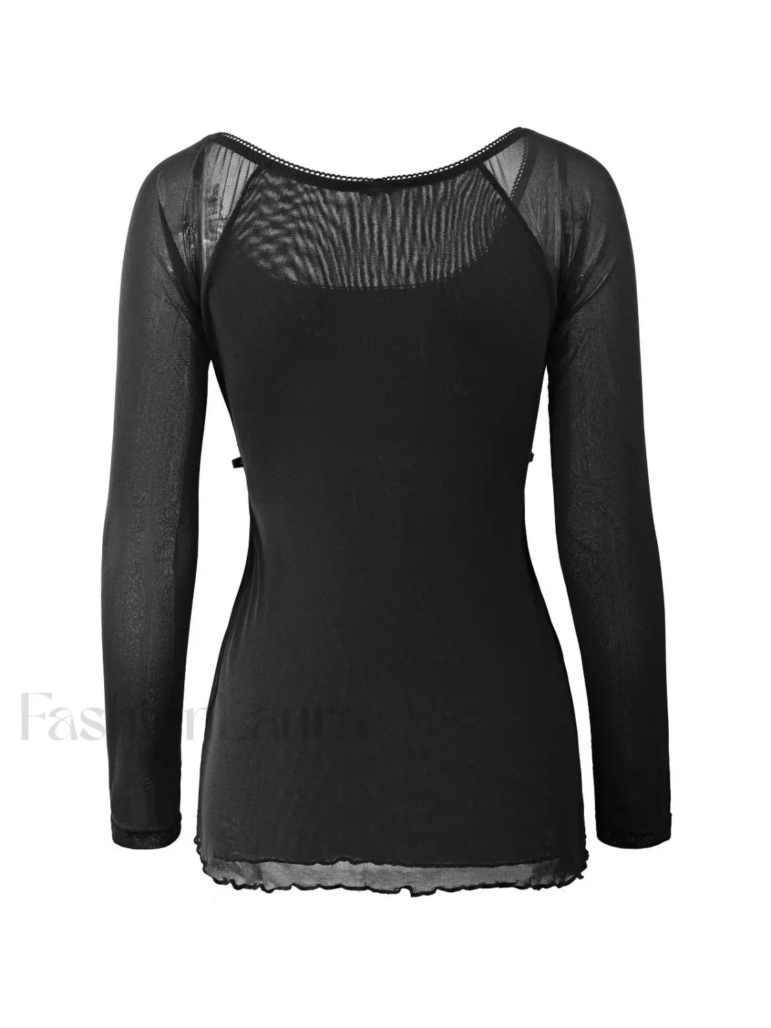 Lace Trim Tie Front Long Sleeve Blouse - Image 5