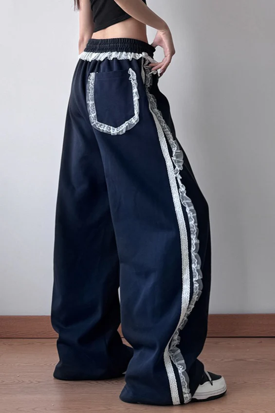 Lace Trim Wide Leg High Waist Pants - Image 2