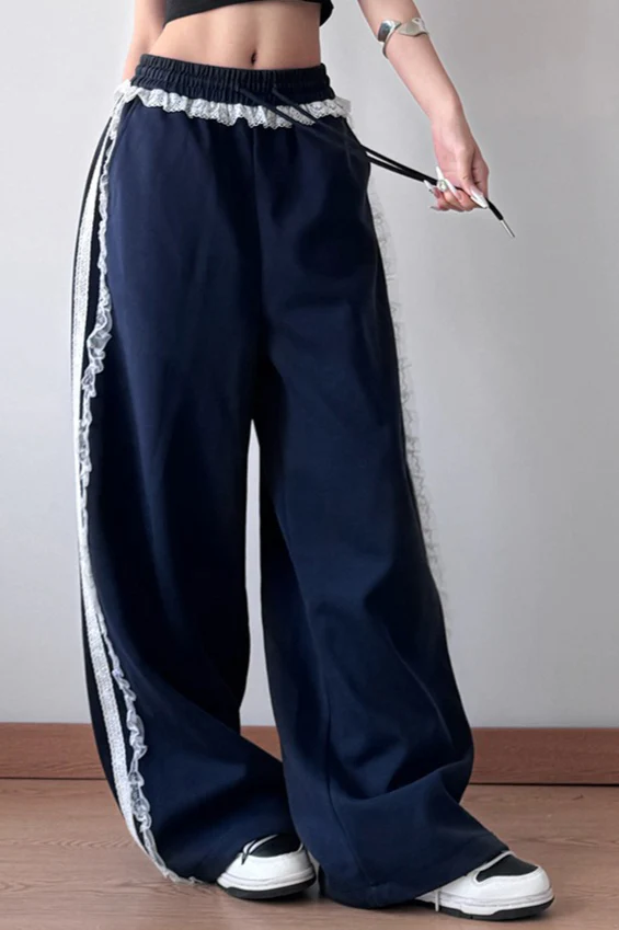 Lace Trim Wide Leg High Waist Pants - Image 3
