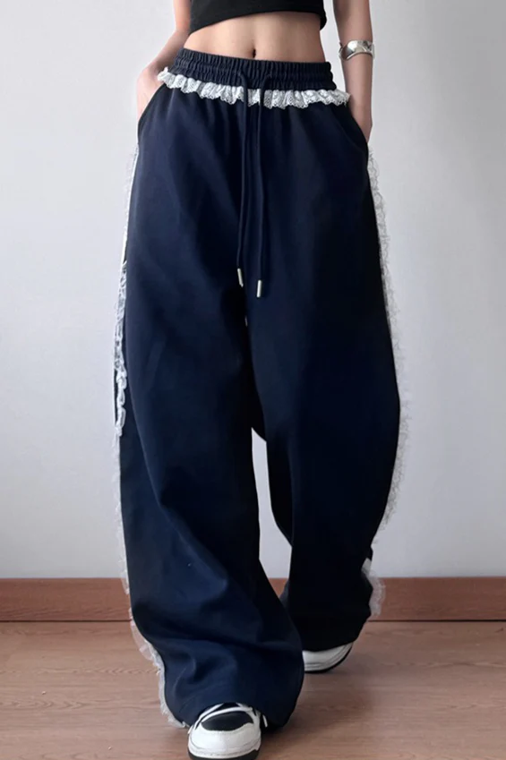 Lace Trim Wide Leg High Waist Pants - Image 4