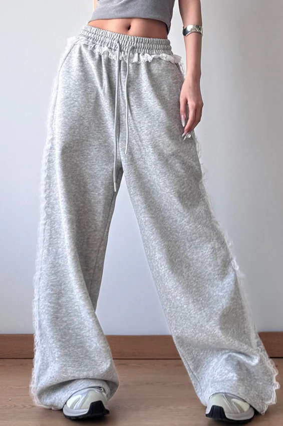 Lace Trim Wide Leg High Waist Pants - Image 7