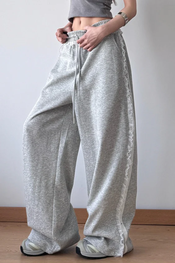 Lace Trim Wide Leg High Waist Pants - Image 9