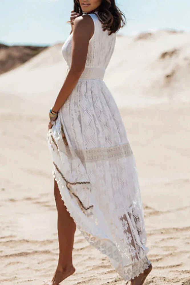 Lace V Neck Hollow Boho Dress - Image 13