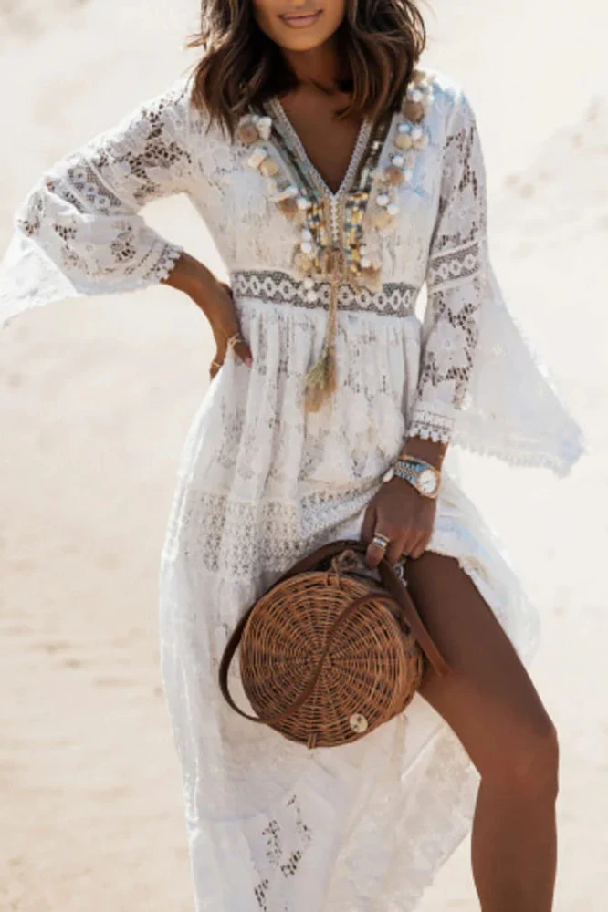 Lace V Neck Hollow Boho Dress - Image 16