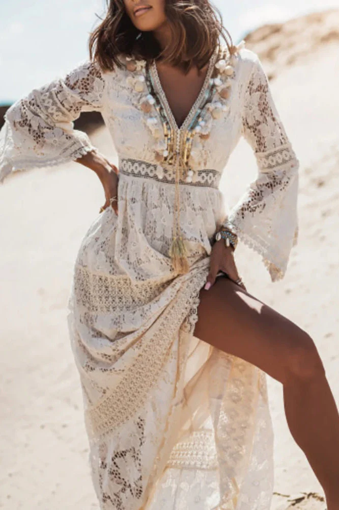 Lace V Neck Hollow Boho Dress - Image 19
