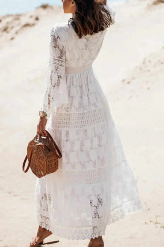 Lace V Neck Hollow Boho Dress - Image 20