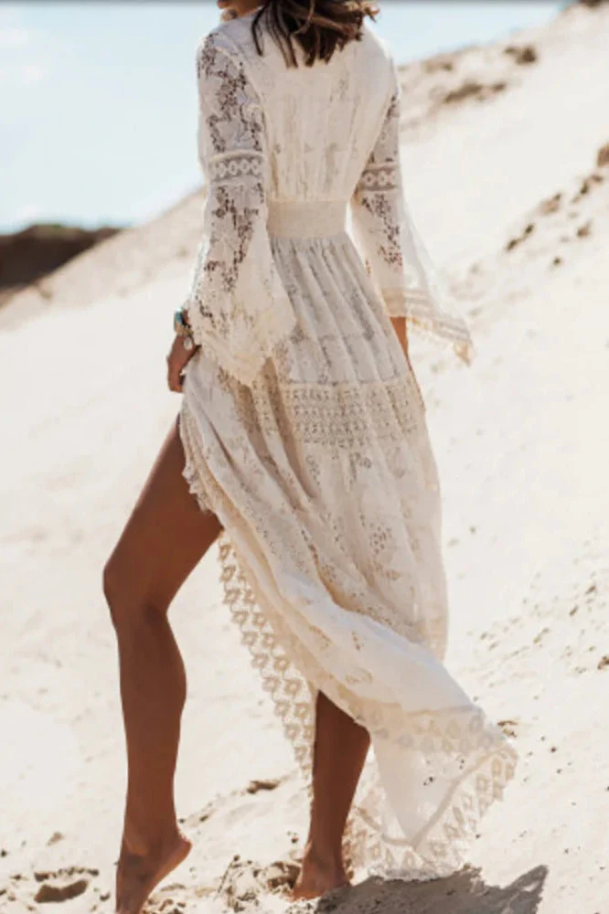 Lace V Neck Hollow Boho Dress - Image 3