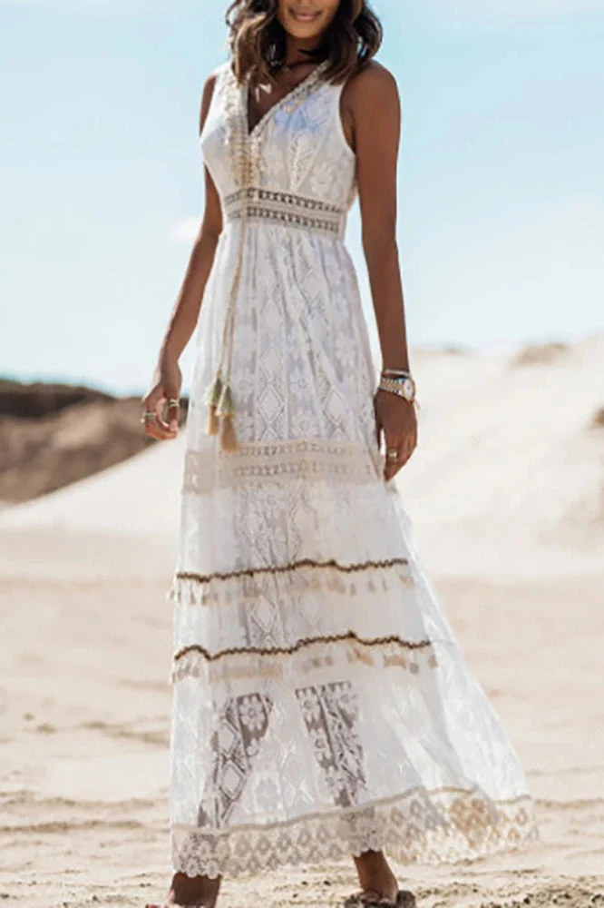 Lace V Neck Hollow Boho Dress - Image 6