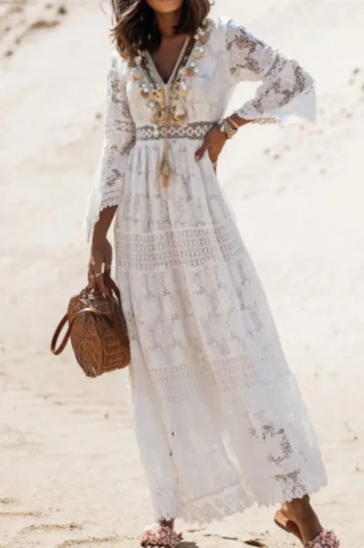 Lace V Neck Hollow Boho Dress - Image 7