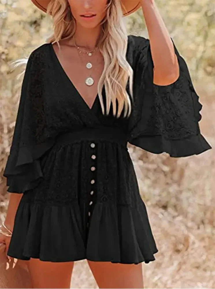 Lace V-Neck Ruffle Mini Boho Dress - Image 30
