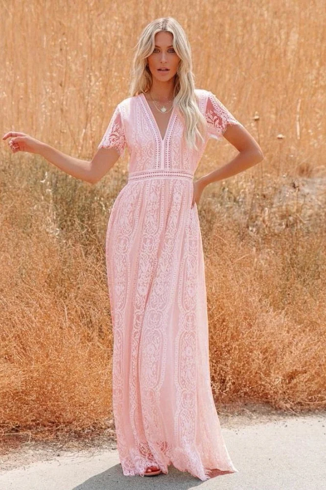 Lace V Neck Short Sleeve Hollow Out Boho Dress - Image 10