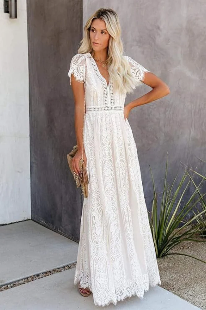 Lace V Neck Short Sleeve Hollow Out Boho Dress - Image 4
