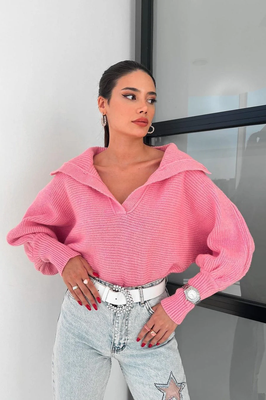 Lantern Sleeve Open Collar Knit Sweater - Image 10