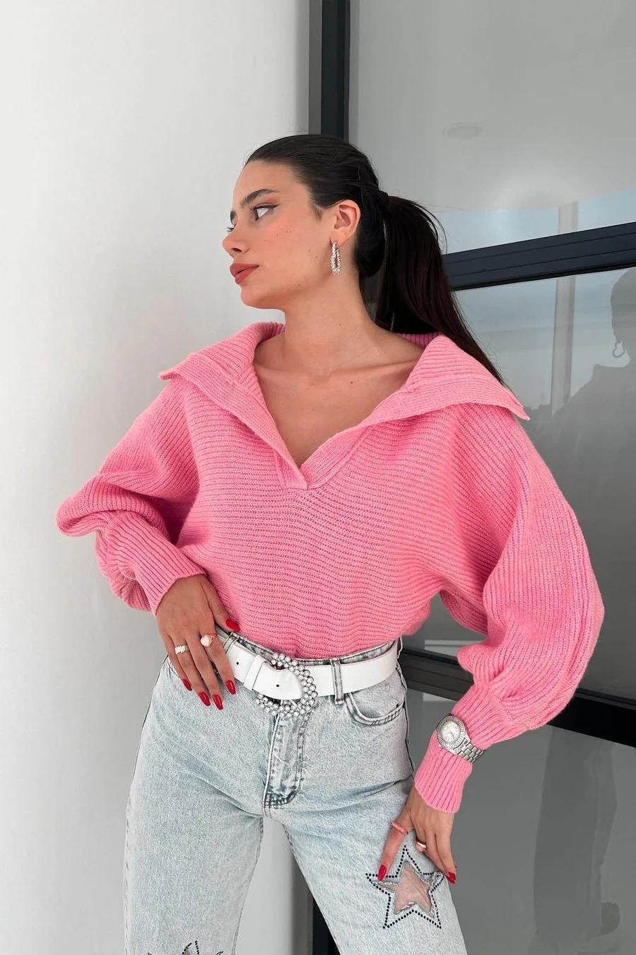 Lantern Sleeve Open Collar Knit Sweater - Image 11