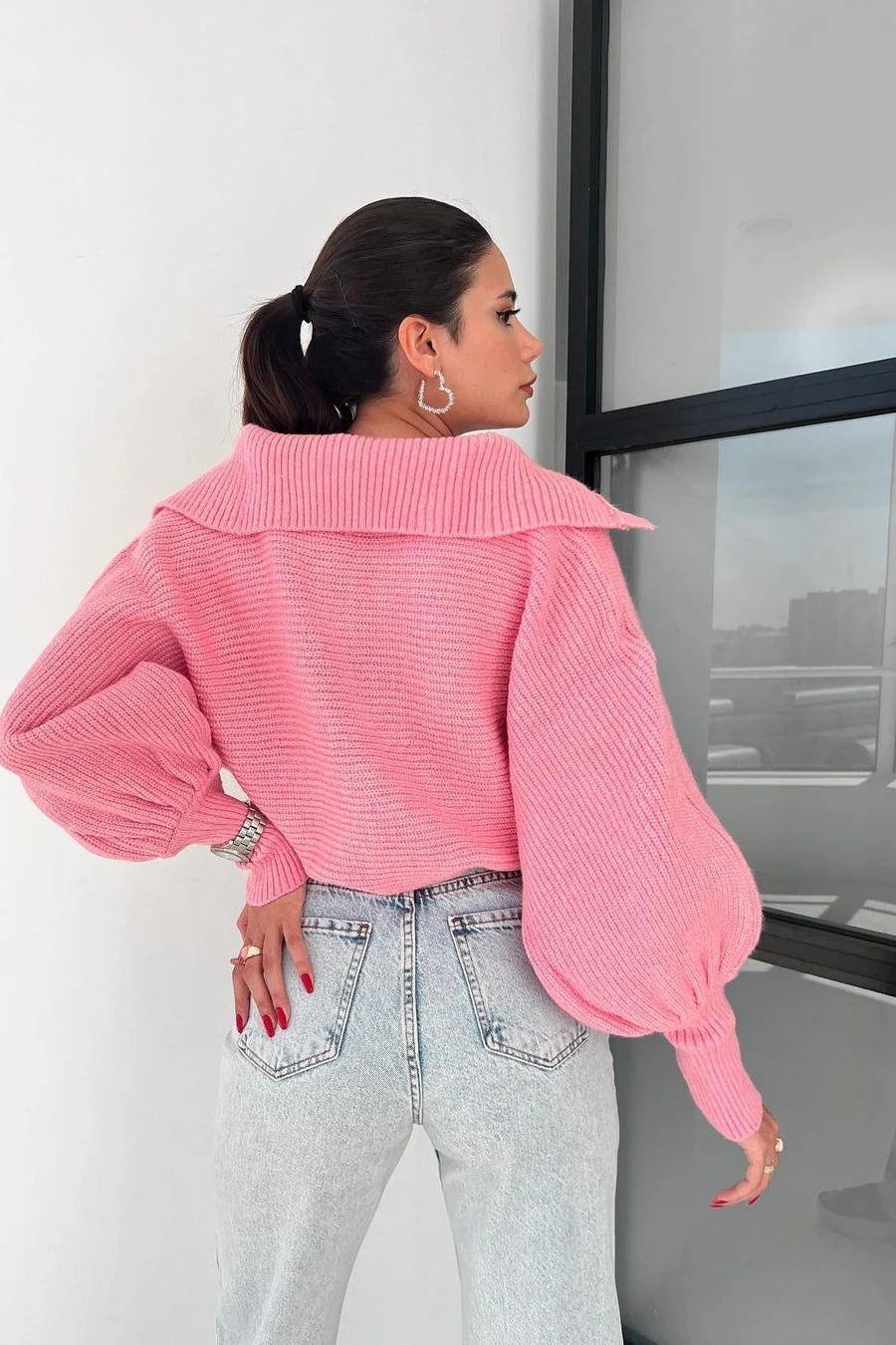 Lantern Sleeve Open Collar Knit Sweater - Image 12