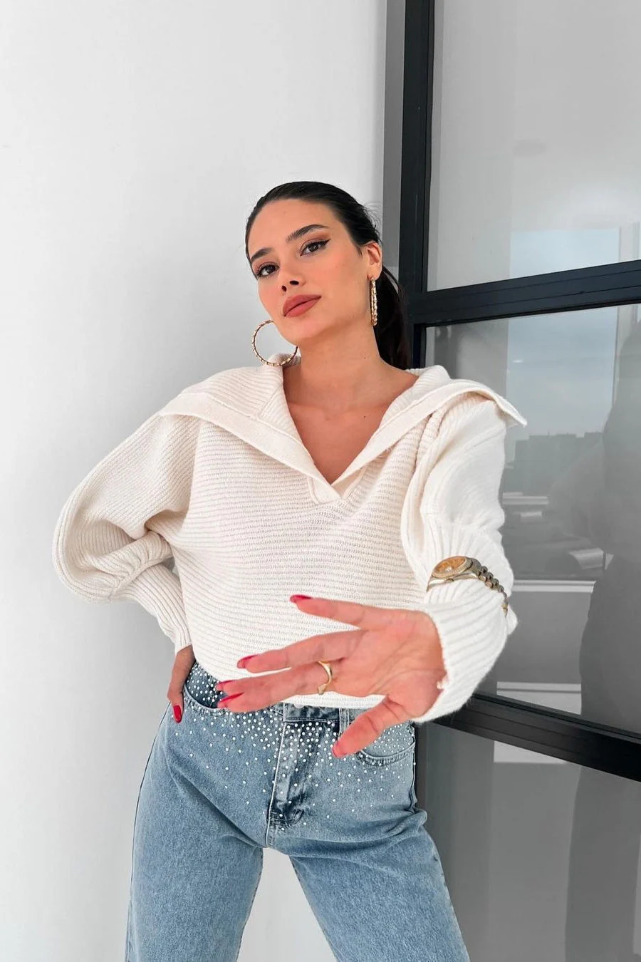 Lantern Sleeve Open Collar Knit Sweater - Image 14