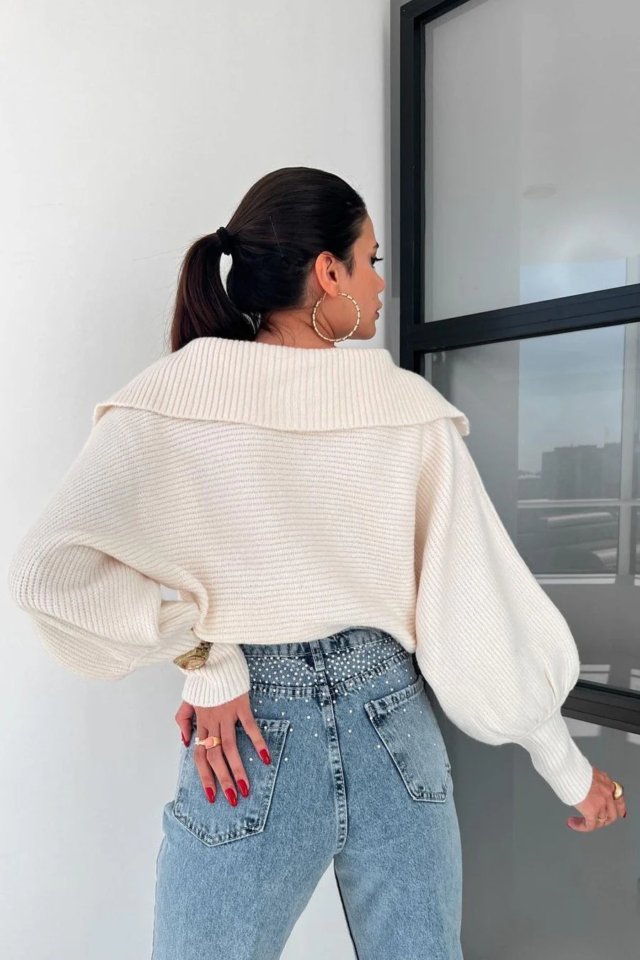 Lantern Sleeve Open Collar Knit Sweater - Image 16