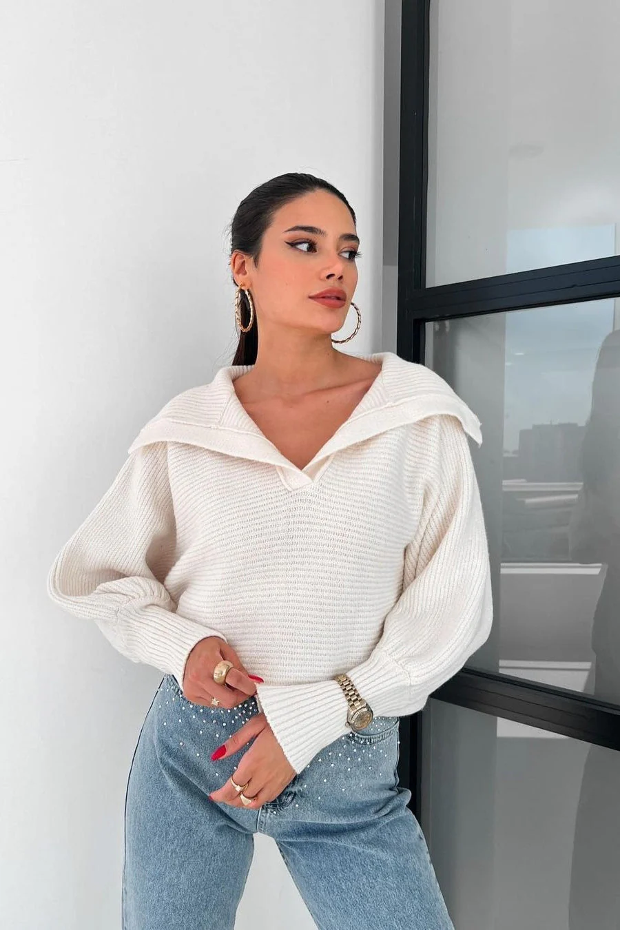 Lantern Sleeve Open Collar Knit Sweater - Image 21