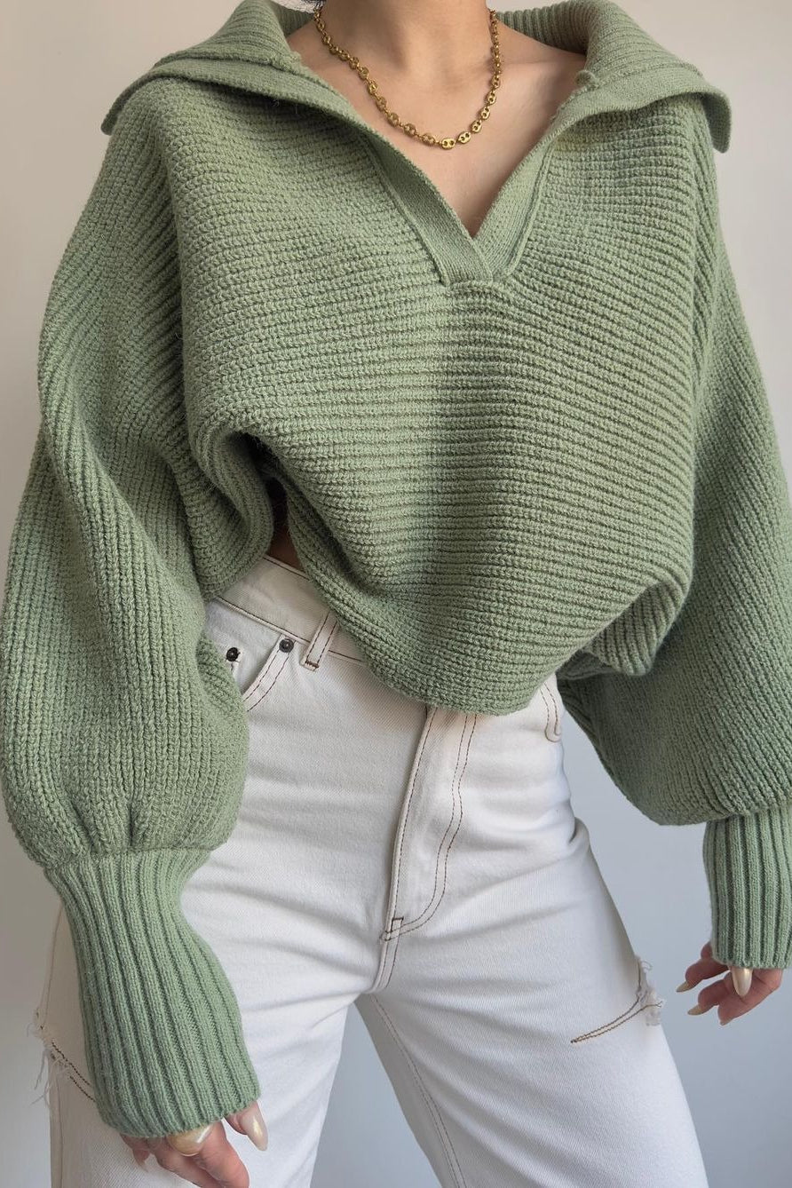 Lantern Sleeve Open Collar Knit Sweater - Image 26