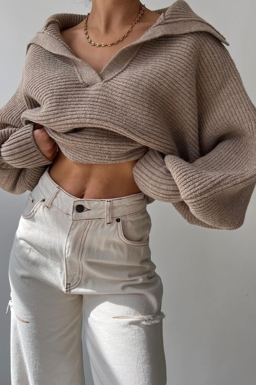 Lantern Sleeve Open Collar Knit Sweater - Image 29