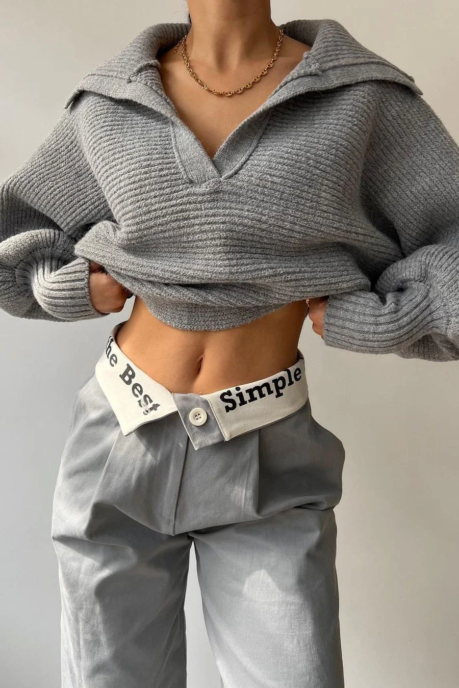 Lantern Sleeve Open Collar Knit Sweater - Image 3