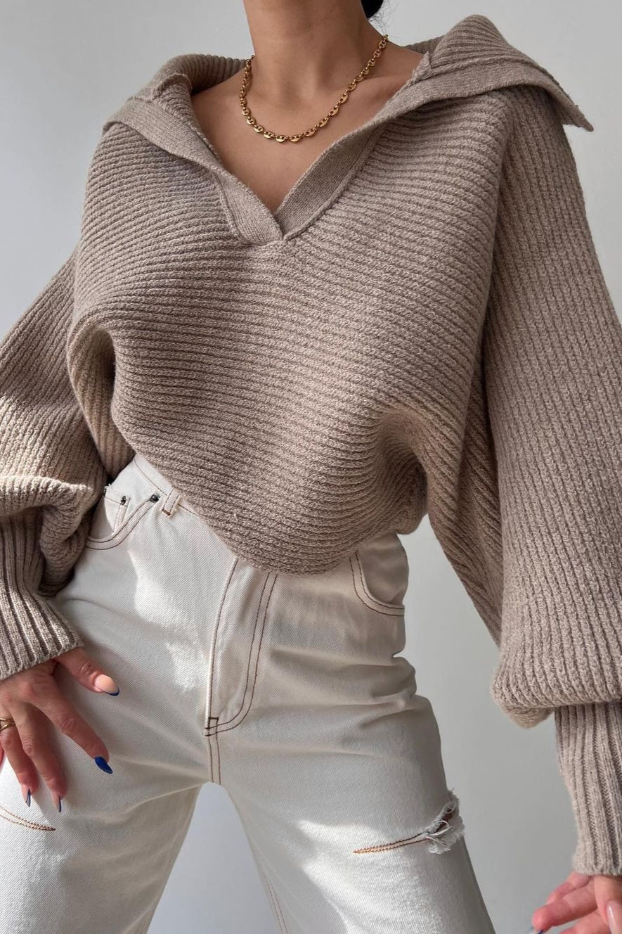 Lantern Sleeve Open Collar Knit Sweater - Image 4